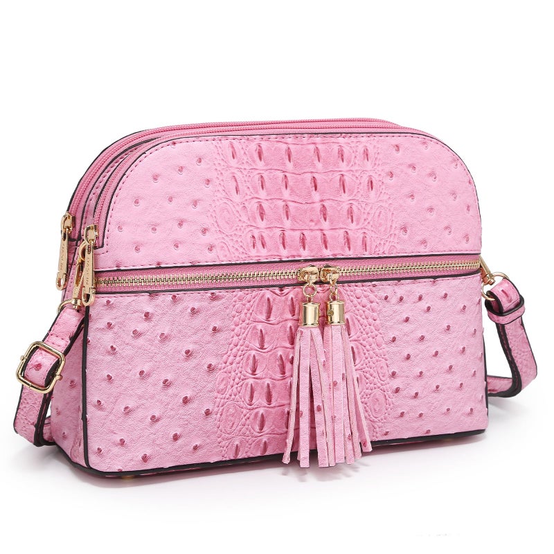 Dasein Women Tassel Zipper Pocket Crossbody Bag Shoulder Purse Fashion Travel Bag with Multi Pockets(Ostrich Pink) - Image 1